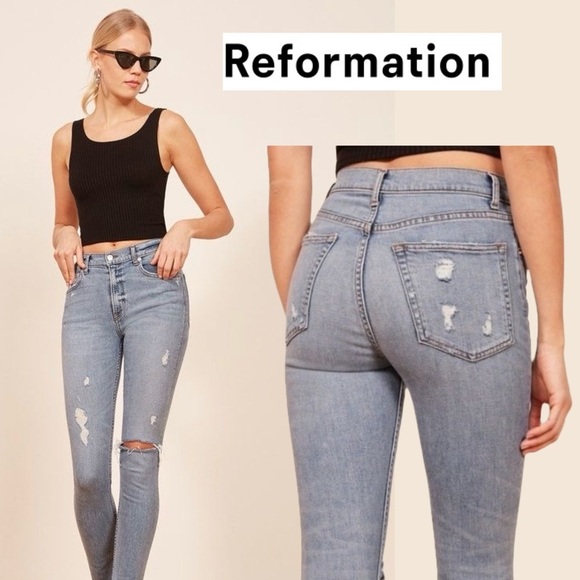 Reformation Denim - Reformation Harper High Rise Skinny Blue Jeans Raw Hem Distressed Maui USA 25
